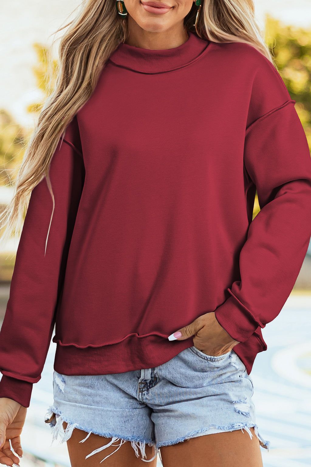 Dark Blue Oversize Drop Shoulder Reversible Mock Neck Sweatshirt