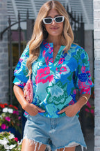 Sky Blue Floral Print V Neck Half Sleeve Blouse
