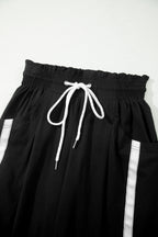 Black Contrast Striped Smocked Waist Drawstring Cropped Casual Pants