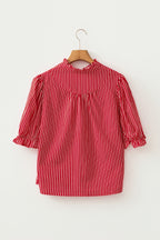Red Stripe Ruffled Short Puff Sleeve Button Front Blouse