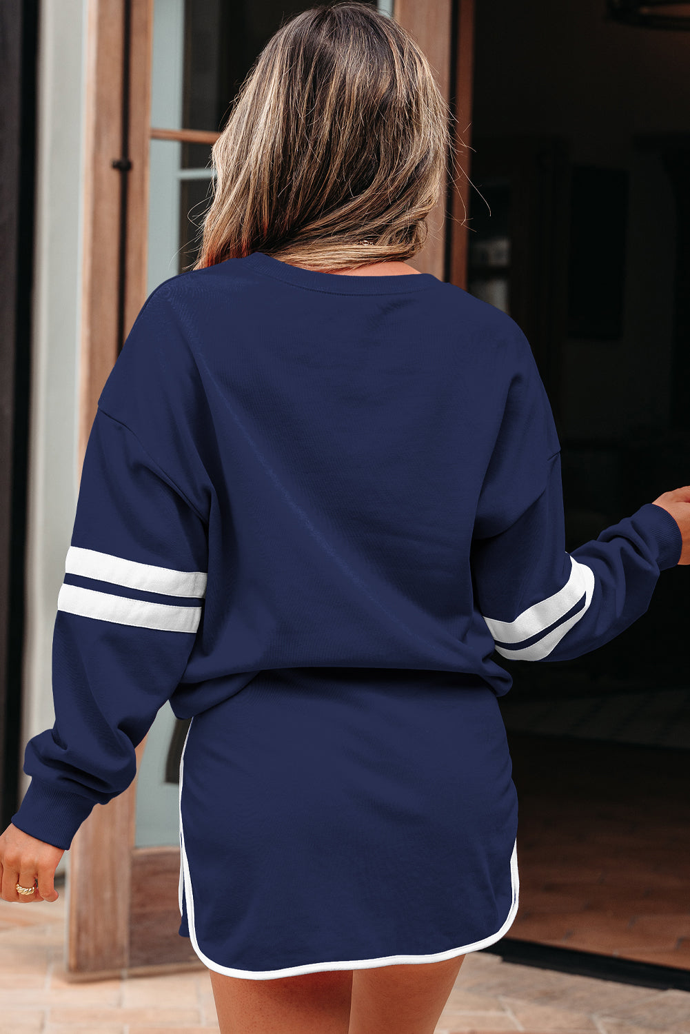 Orange Varsity Stripe Detail Drop Shoulder Pullover Mini Skort Set