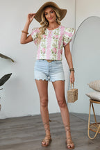 Pink Floral Print Ruffled Sleeve Summer Top