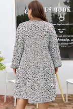 Pink Plus Size Button V Neck Leopard Print Puff Sleeve Loose Mini Dress