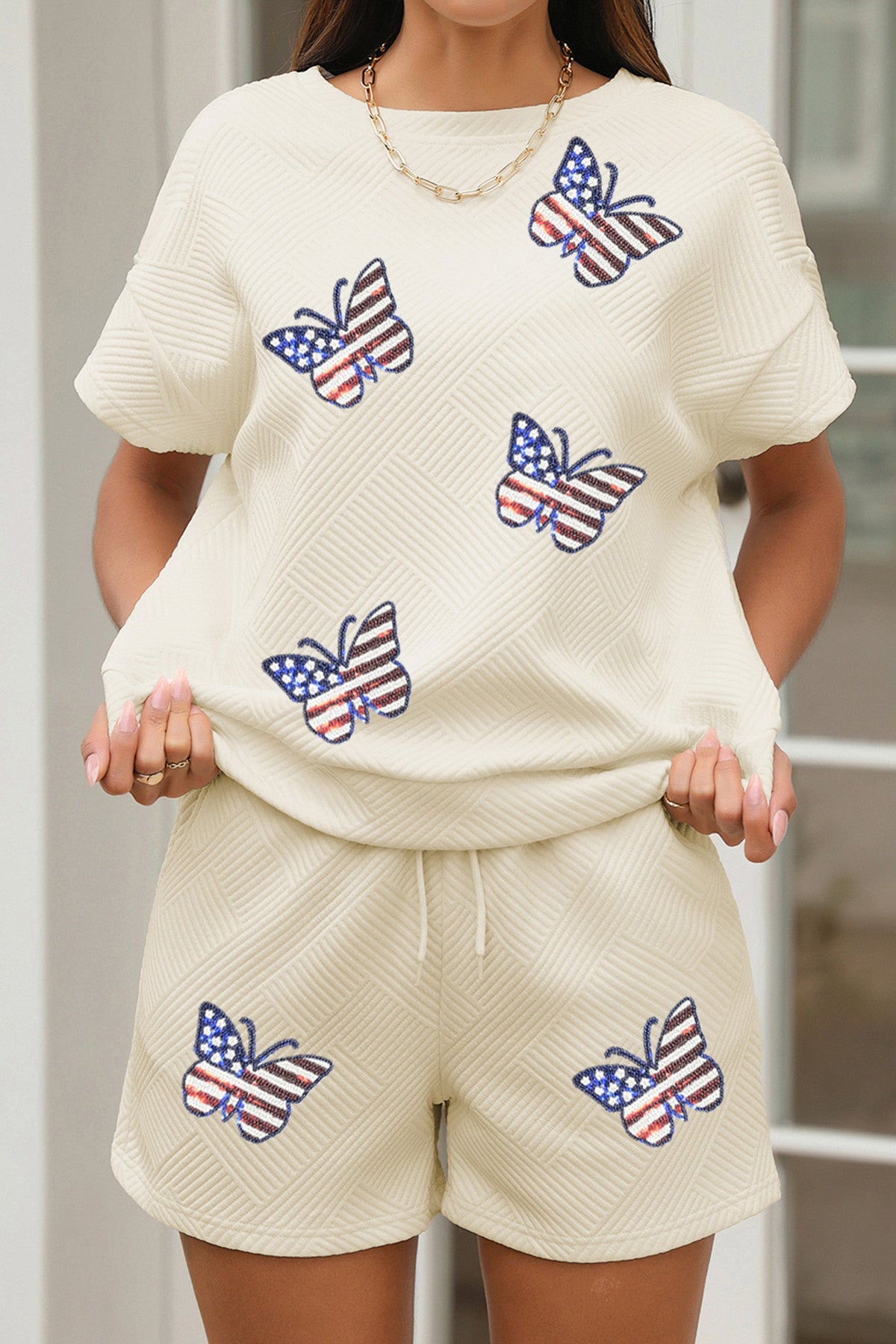 Apricot Patriotic Sequin Butterfly Graphic Stylish Textured Short Set