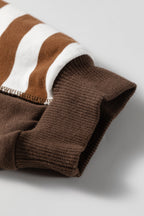 Brown Stripe Exposed Seam Color Block Patchwork Button Placket Sweatshirt