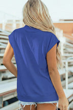 Sky Blue Game Day Sequin Bow High Neck Short Sleeve Top