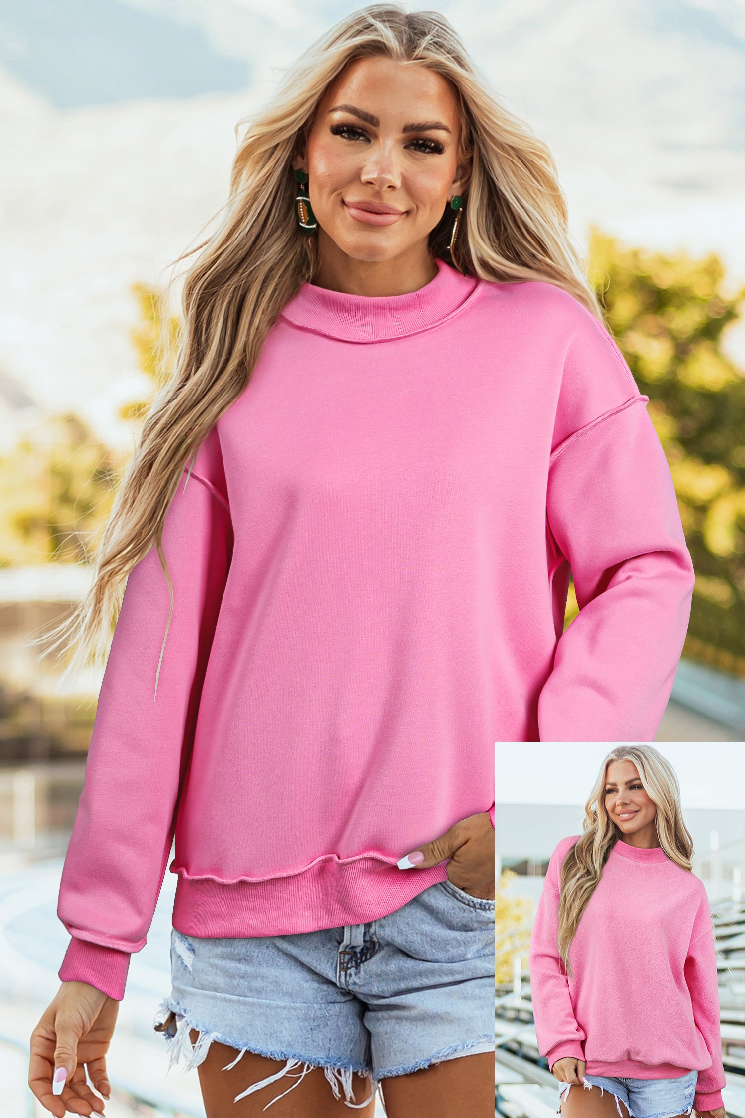 Dark Blue Oversize Drop Shoulder Reversible Mock Neck Sweatshirt