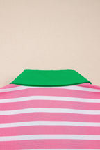Black Stripe Short Puff Sleeve Color Block Polo Collar Blouse