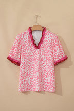 Pink Stripe Ruffled Trim V Neck Leopard Print Short Sleeve Blouse