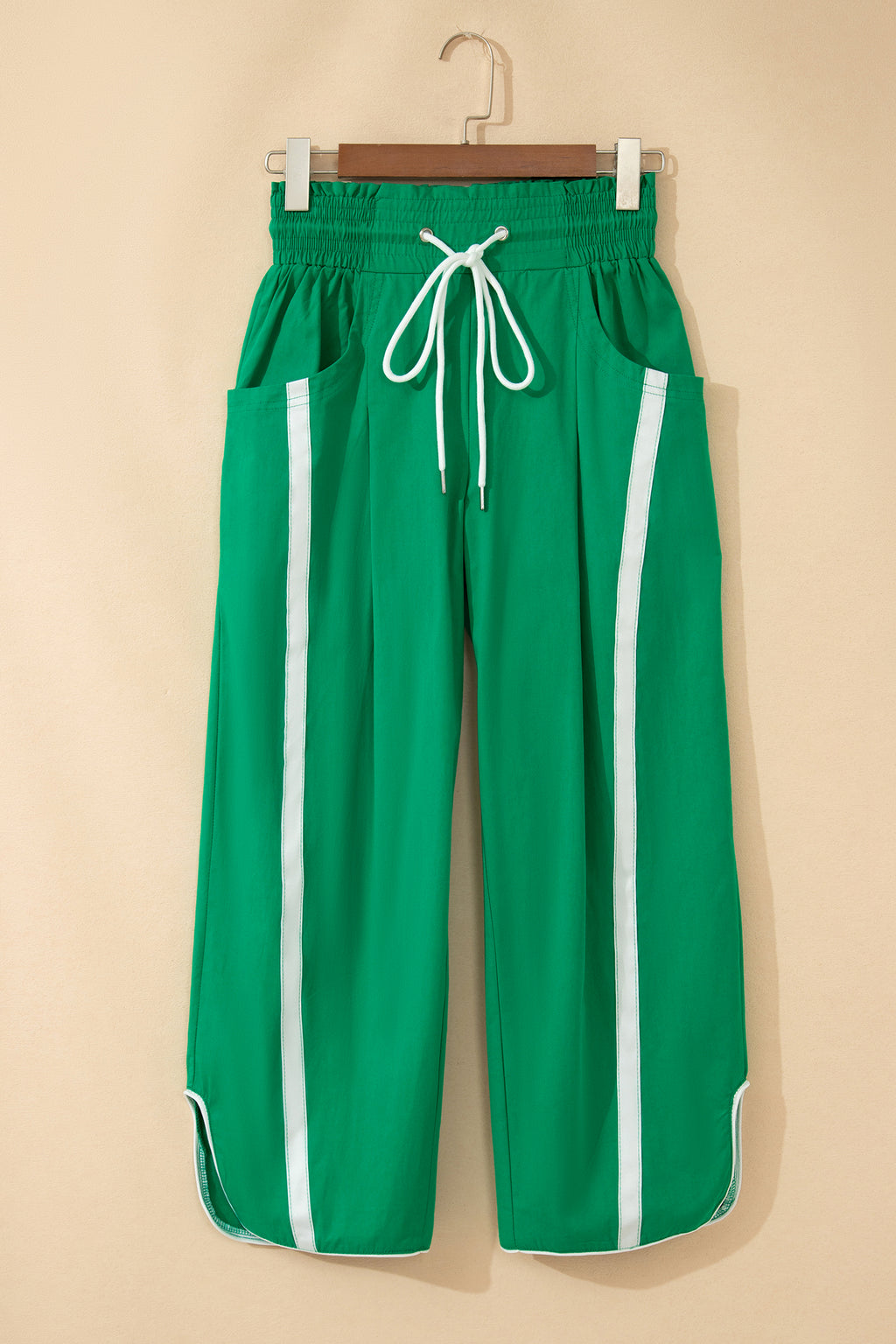 Black Contrast Striped Smocked Waist Drawstring Cropped Casual Pants