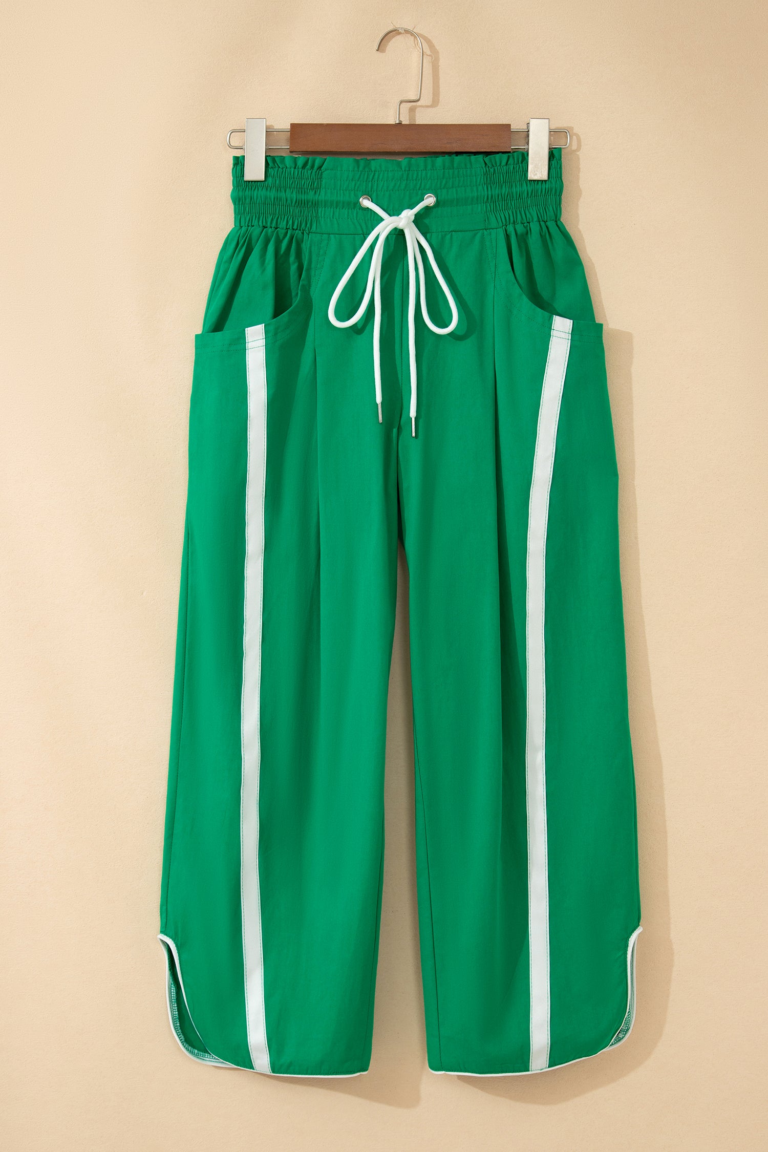 Black Contrast Striped Smocked Waist Drawstring Cropped Casual Pants