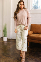 Beige Stylish Mallard Printed Cuffed Hem Shift Jeans