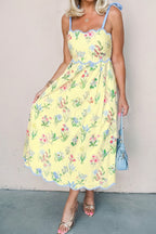 Beige Floral Print Contrast Trim Self-tie Straps High Waist Midi Dress