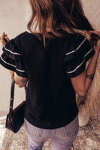 Black Contrast Trim Dual Ruffle Short Sleeve Textured Blouse