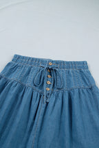 Sky Blue Half Buttons Pleated High Waist Denim Mini Skirt with Drawstring