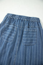 Sky Blue Stripe Button Pintuck High Waist Drawstring Denim Midi Skirt