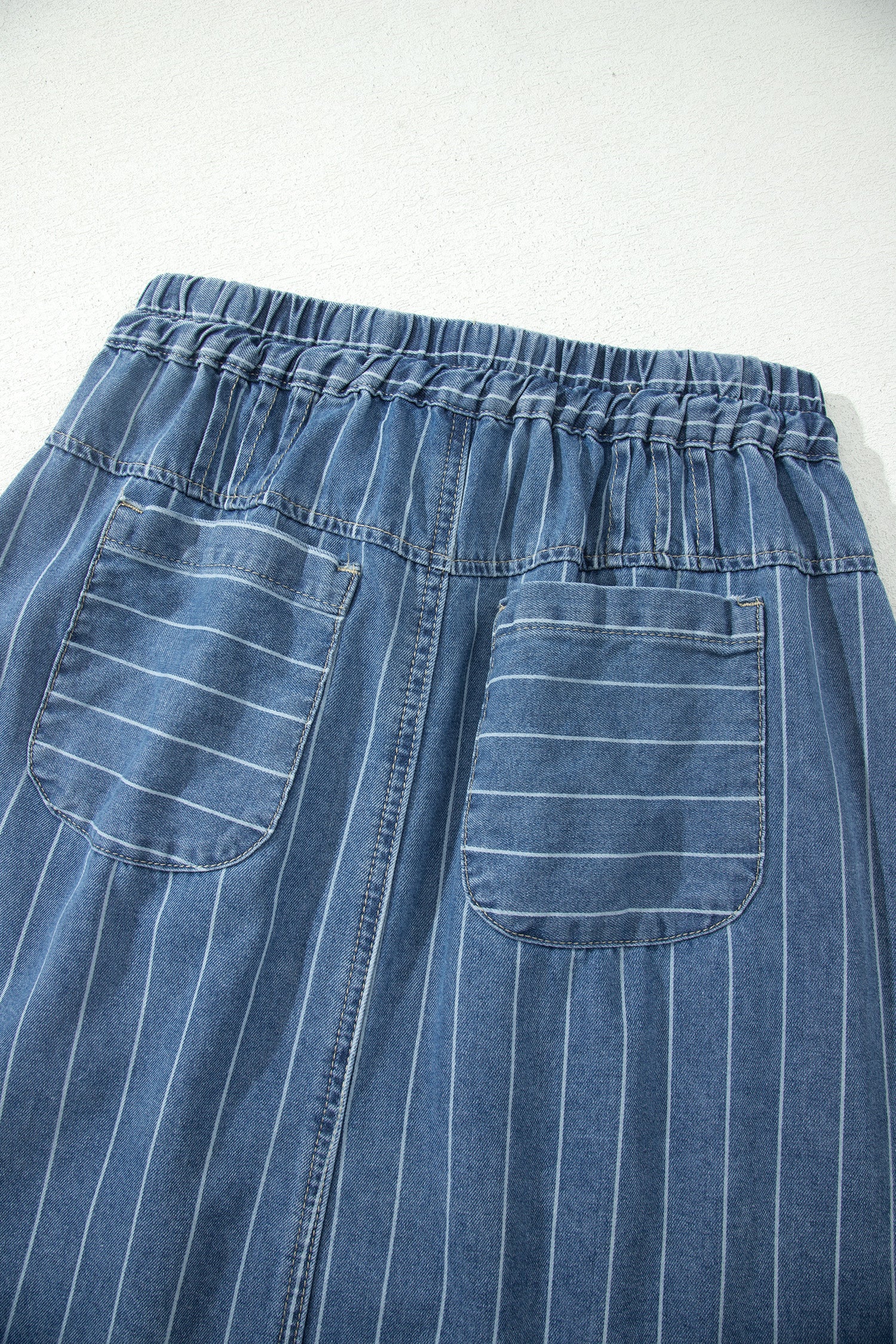 Sky Blue Stripe Button Pintuck High Waist Drawstring Denim Midi Skirt