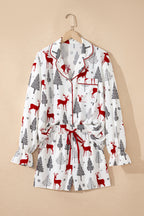 White Christmas Fashion Print Velvet Trim Bow Knot Pajama 2pcs Short Set