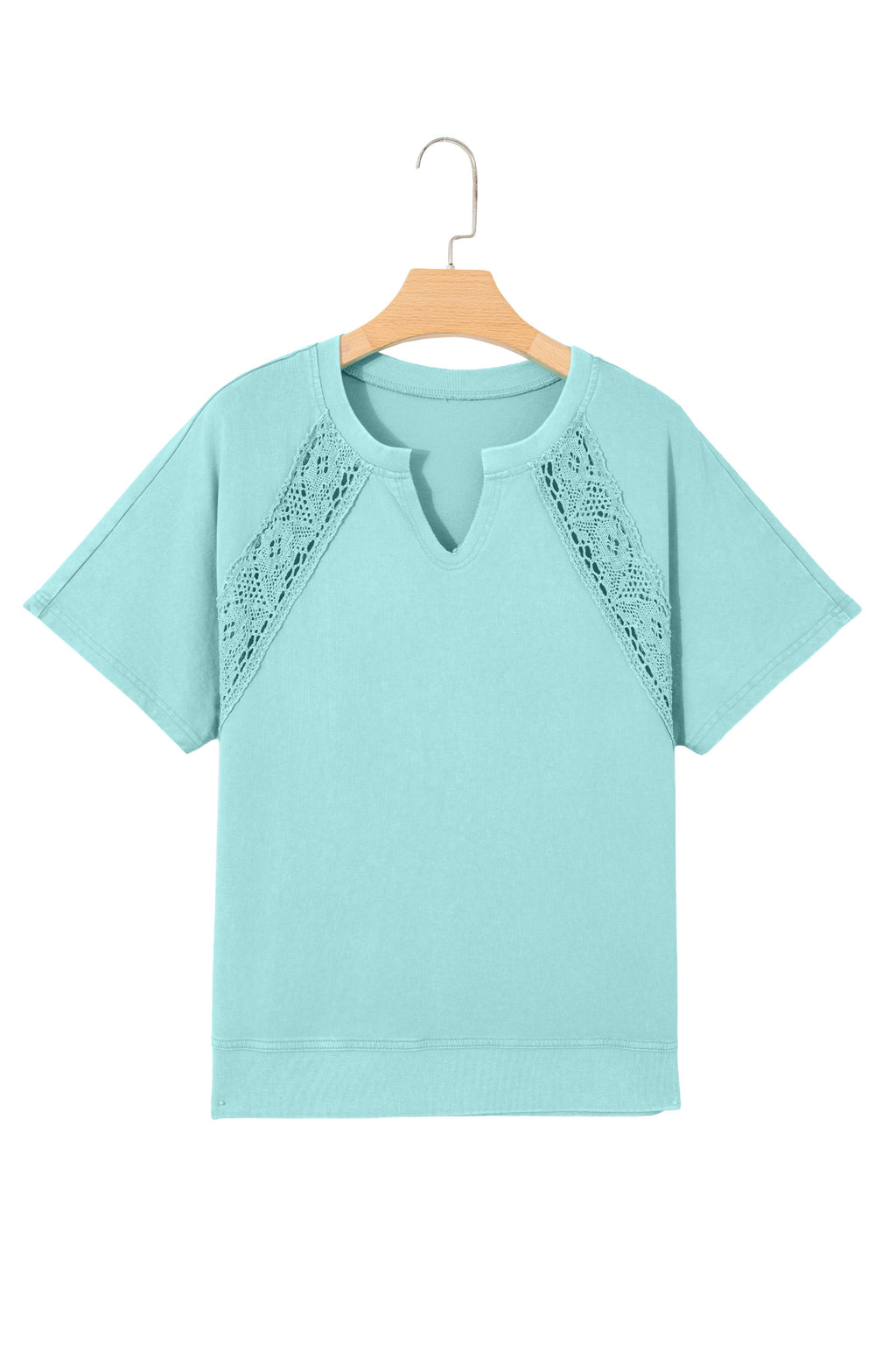 Pink Raw Cut Notched Neck Lace Patchwork Detail Mineral Wash Tee