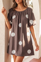 Brown Polka Dot Print Knot Back Short Puff Sleeve Loose Mini Dress