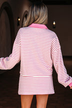 Green Stripe Collared V Neck Drop Shoulder Pullover and Skort 2pcs Outfit