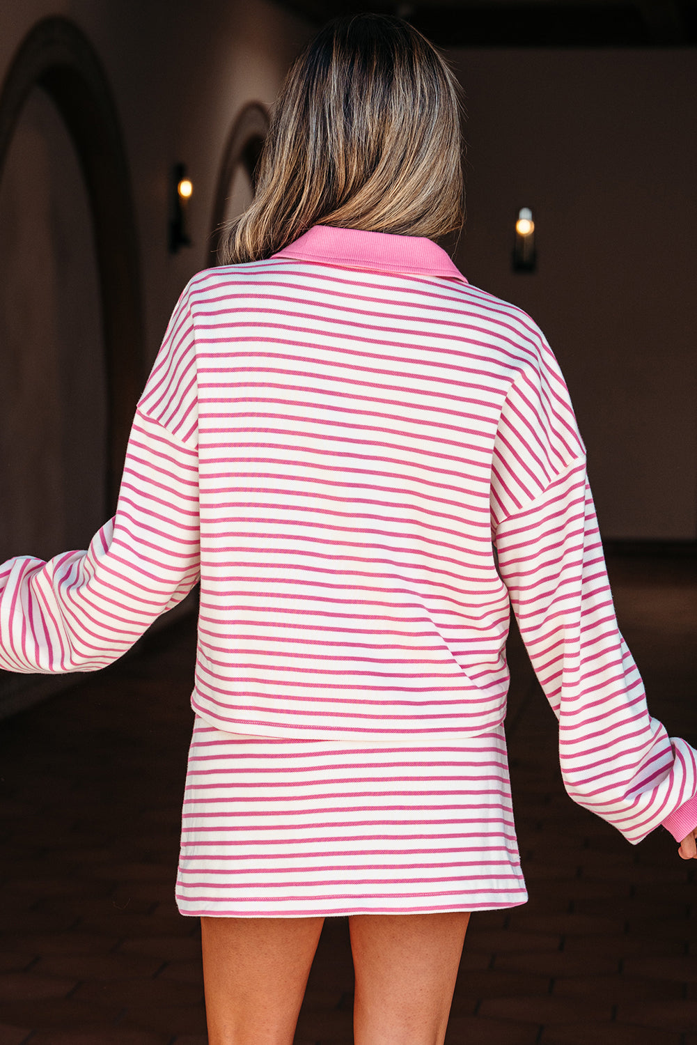 Green Stripe Collared V Neck Drop Shoulder Pullover and Skort 2pcs Outfit