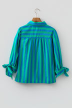 Red Stripe Tie Puff Sleeve Womens Button Down Shirt