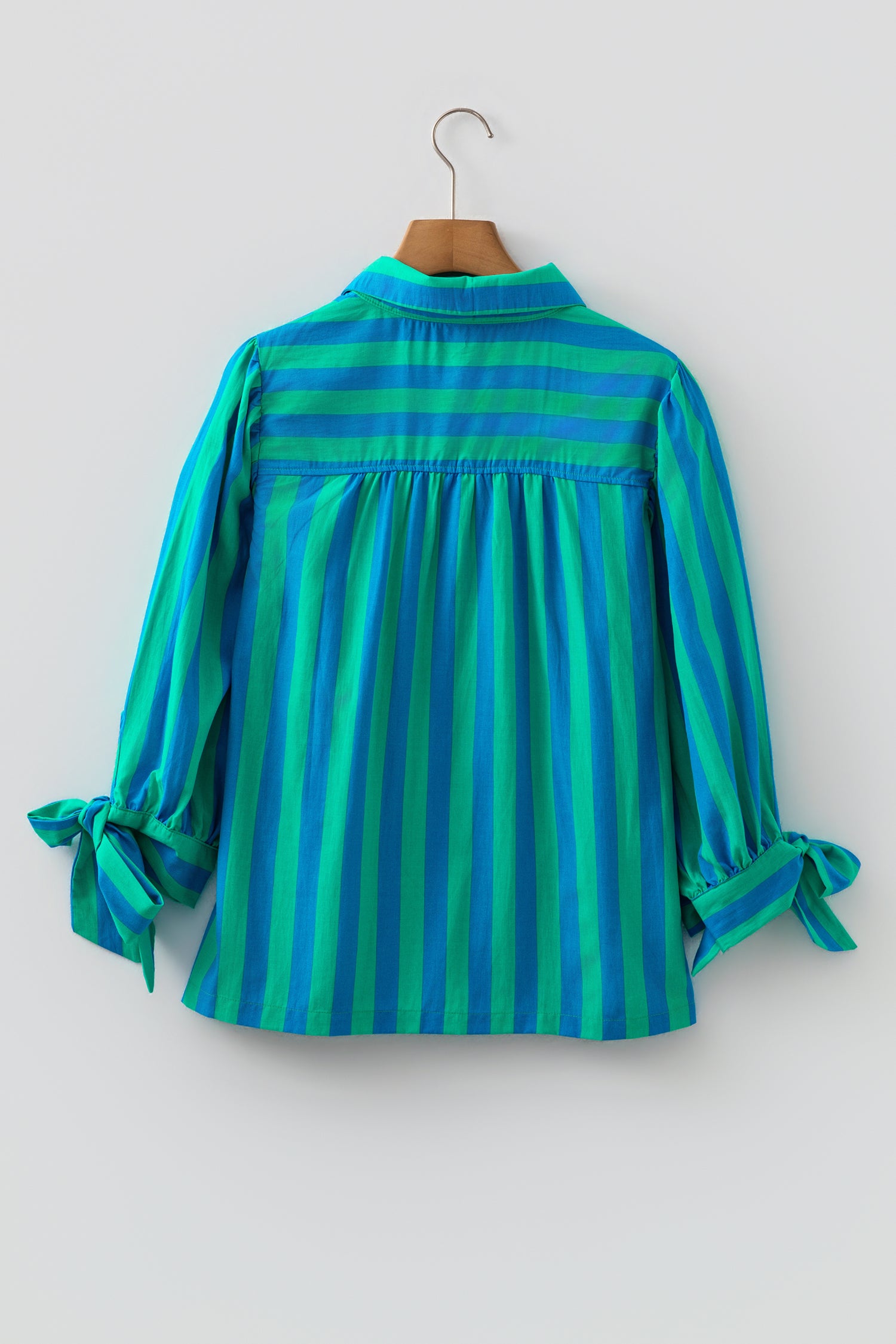 Red Stripe Tie Puff Sleeve Womens Button Down Shirt