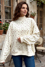 Beige Ribbed High Neck Patchwork Floral Print Baggy Pullover Sweatshirt