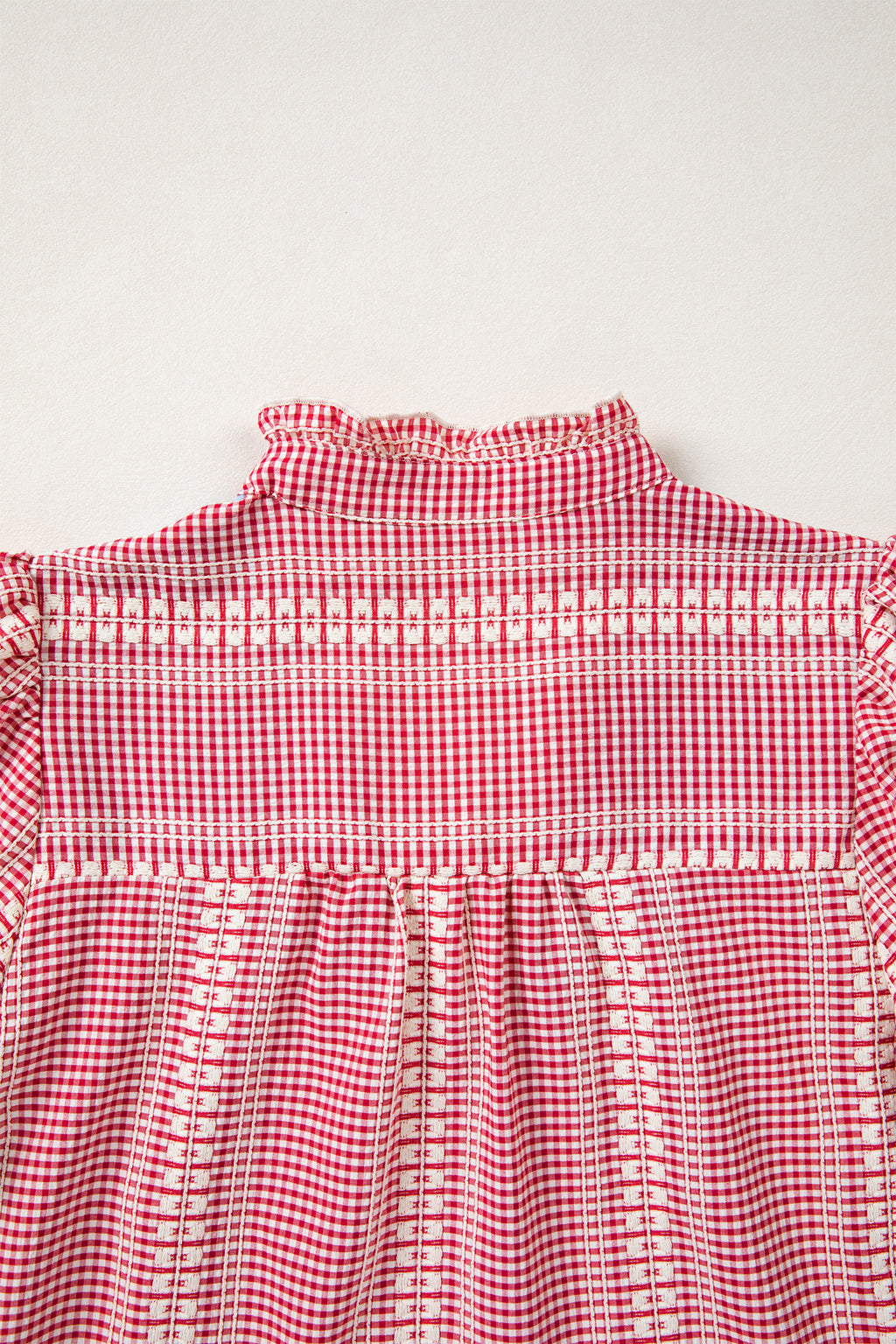 Brown Western Pony Embroidered Yoke Puff Sleeve Gingham Blouse