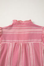 Brown Western Pony Embroidered Yoke Puff Sleeve Gingham Blouse