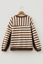 Brown Stripe Exposed Seam Color Block Patchwork Button Placket Sweatshirt