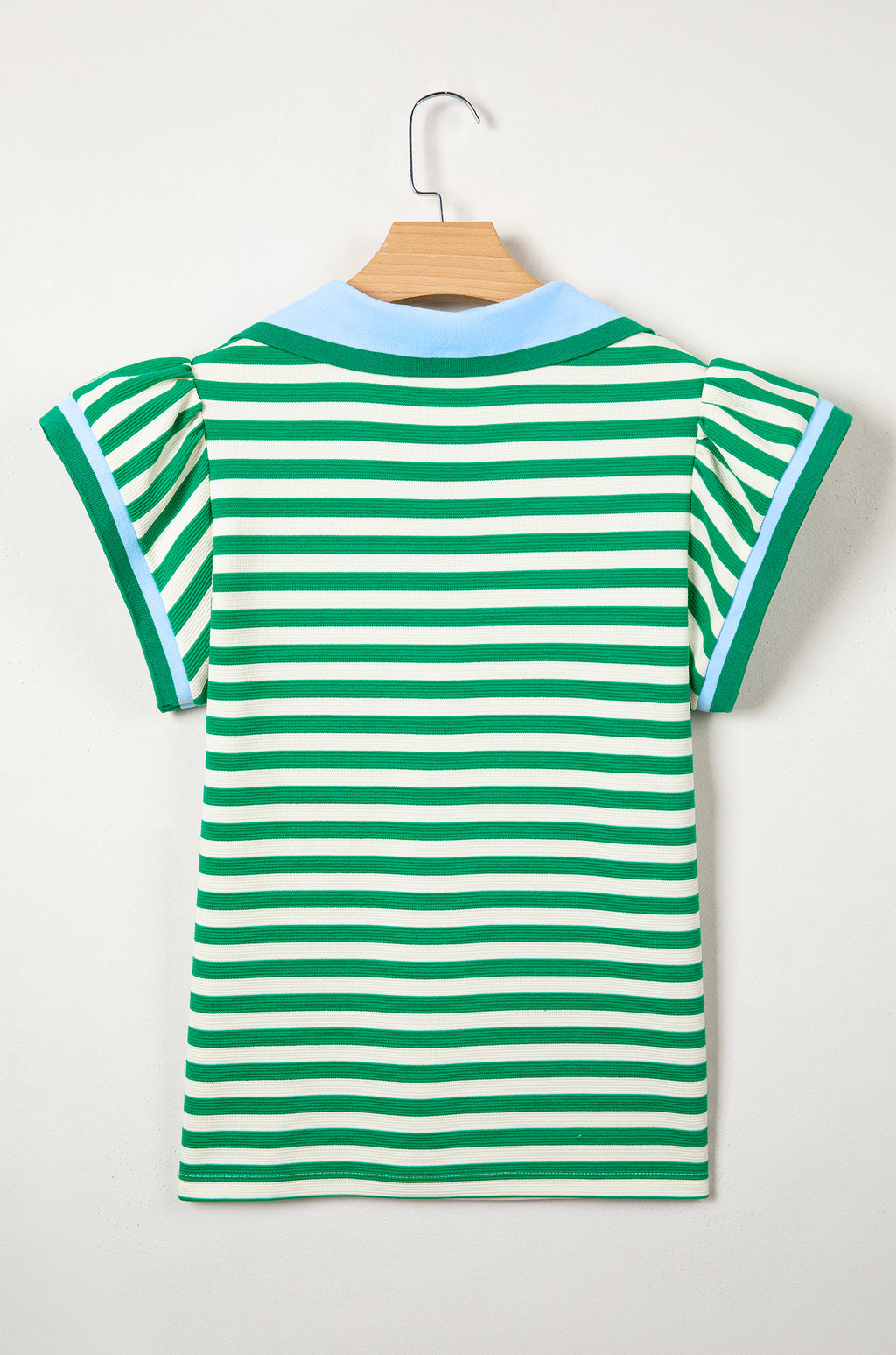 Blue Stripe Contrast Trim Polo Collar Ruffled Short Sleeve Blouse