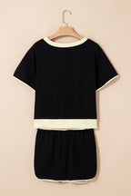 Black Sequin Rugby Football Bow Patched Colorblock Edge Tee and Skort Set
