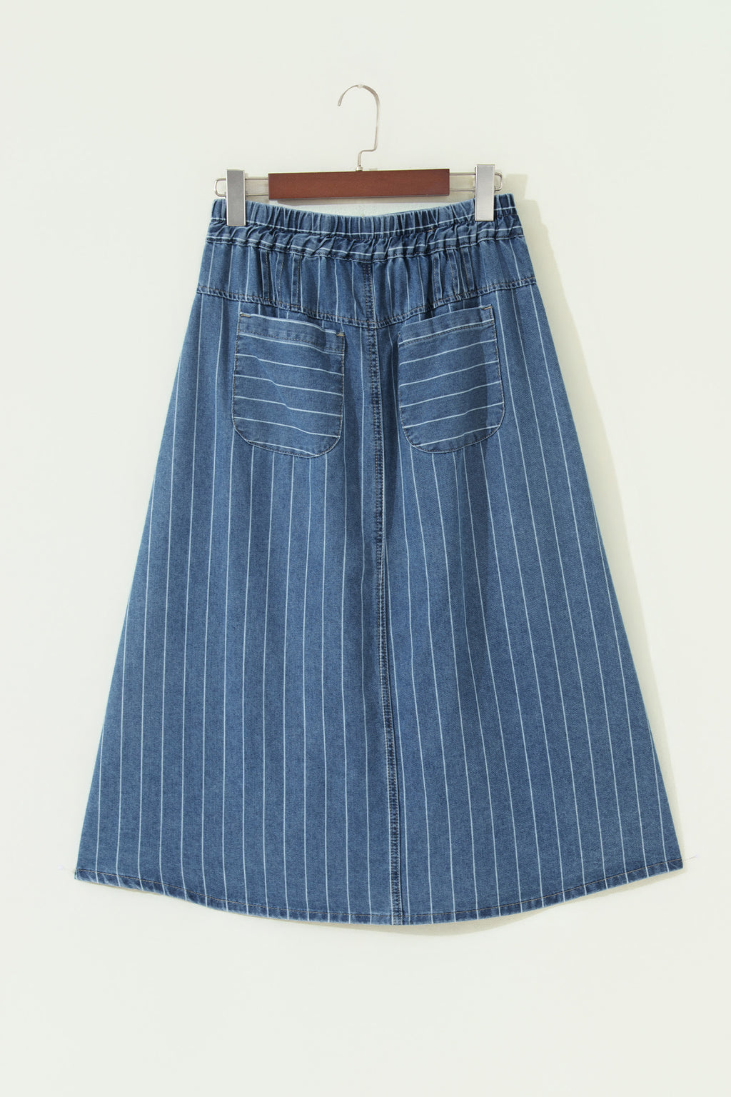 Sky Blue Stripe Button Pintuck High Waist Drawstring Denim Midi Skirt