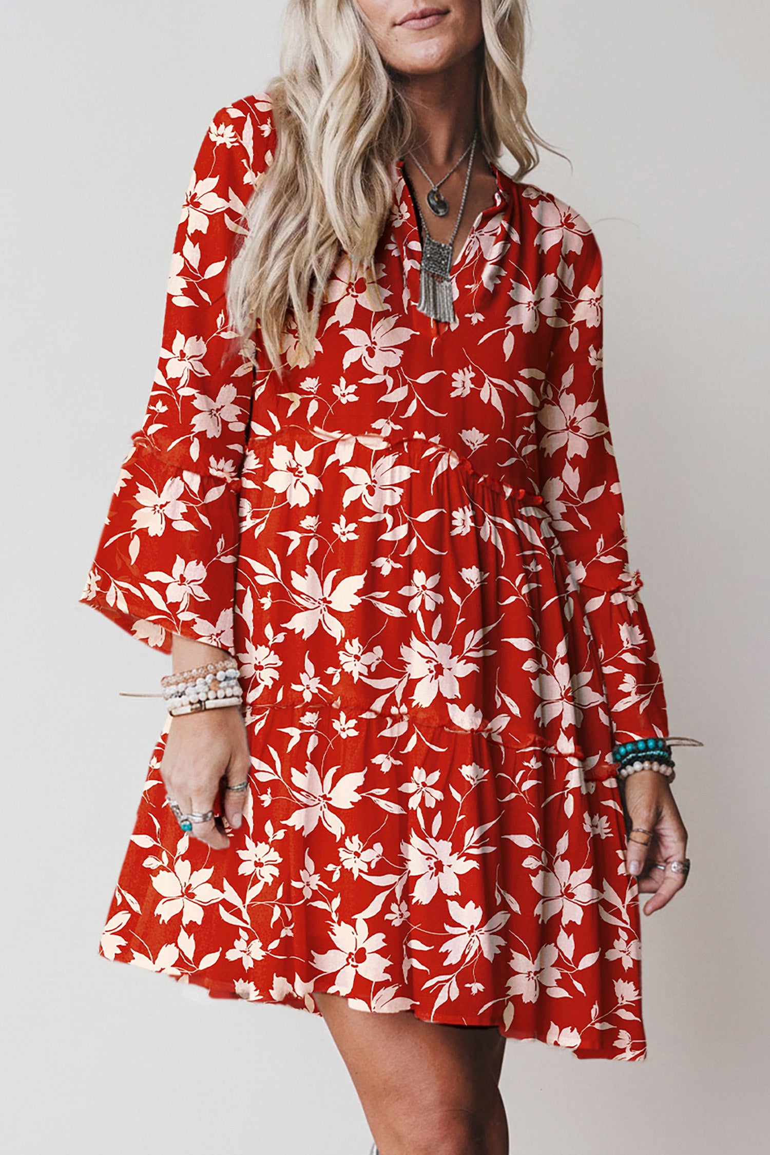 Sky Blue Boho Floral Print Lettuce Trim 3/4 Sleeve Mini Dress