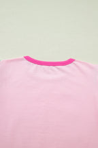 Pink Colorblock Flutter Sleeve Round Neck T Shirt