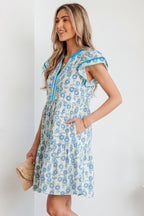 Red Floral Print Contrast Trim Flutter Sleeve Mini Dress