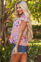 Pink Flutter Sleeve V Neck Floral Top