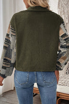 Jungle Green Ribbed Fleece Plaid Print Patchwork Button Up Jacket