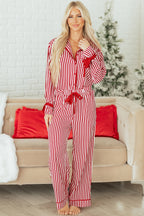 Red Stripe Contrast Velvet Trim Bow Knot Waist 2pcs Pajama Set