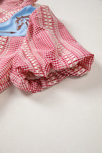 Brown Western Pony Embroidered Yoke Puff Sleeve Gingham Blouse