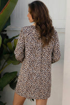 Multicolour Button Striped Collar Leopard Print Long Sleeve Flared Dress