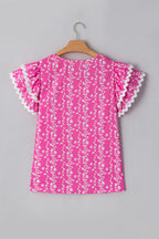 Pink Floral Print Ric-rac Tiered Ruffled V Neck Blouse