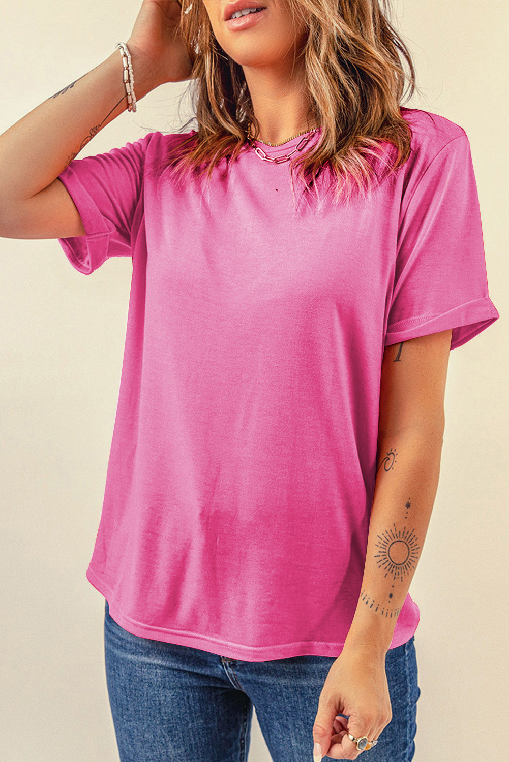 Orange Casual Plain Crew Neck Tee