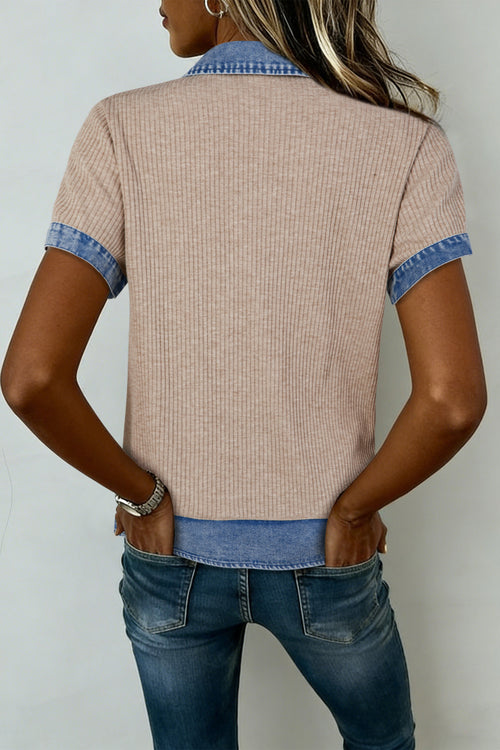 Beige Ribbed Knit Denim Color Block Patchwork Button Detail Collared Blouse