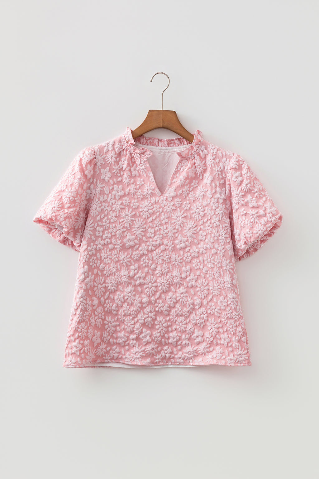 Iceland Blue Floral Textured Jacquard Puff Sleeve Blouse