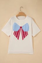 White Loose Knit Vintage Flag Bow Patched T Shirt