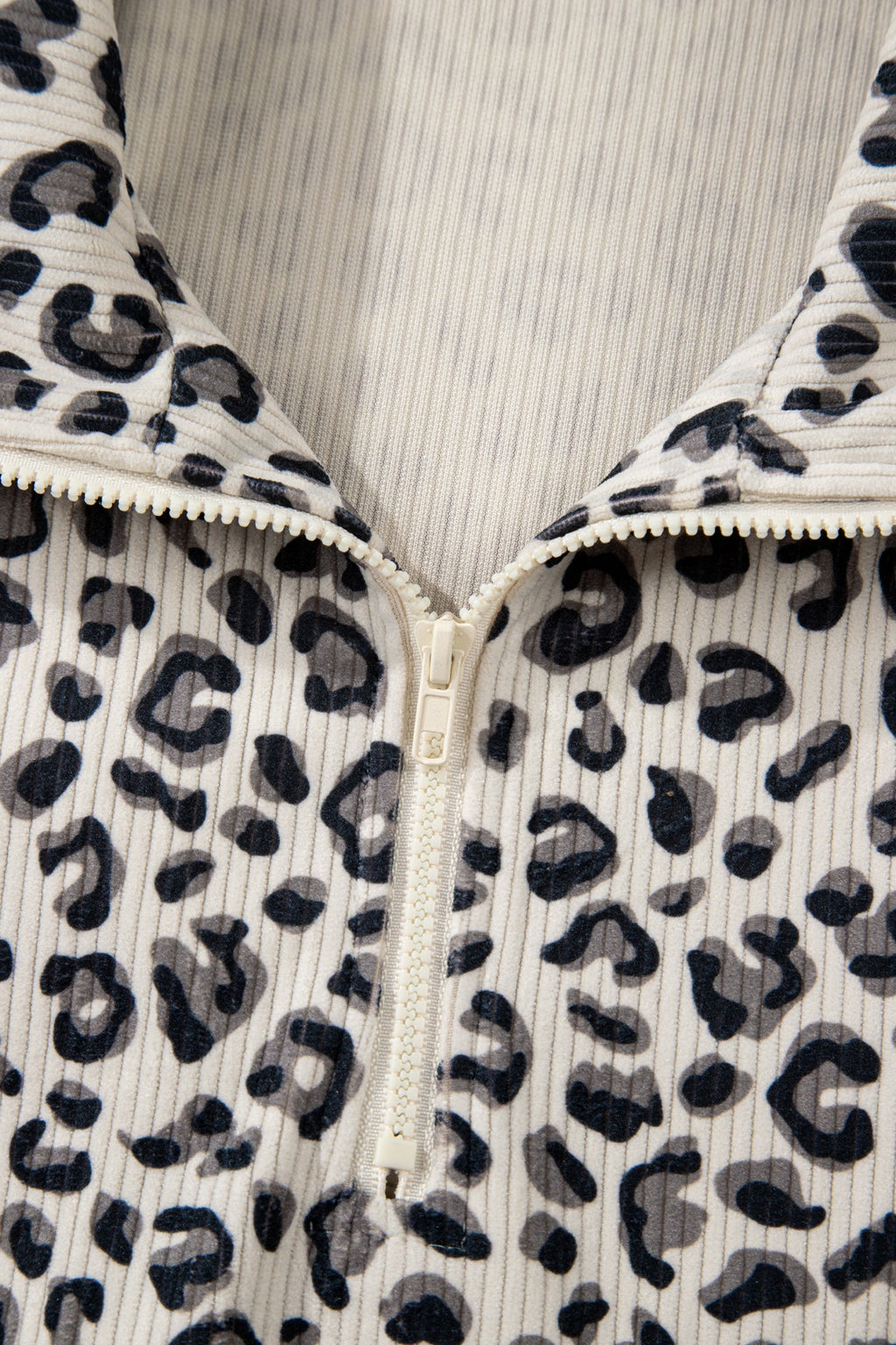Brown Leopard Print Quarter Zip Corduroy Sweatshirt