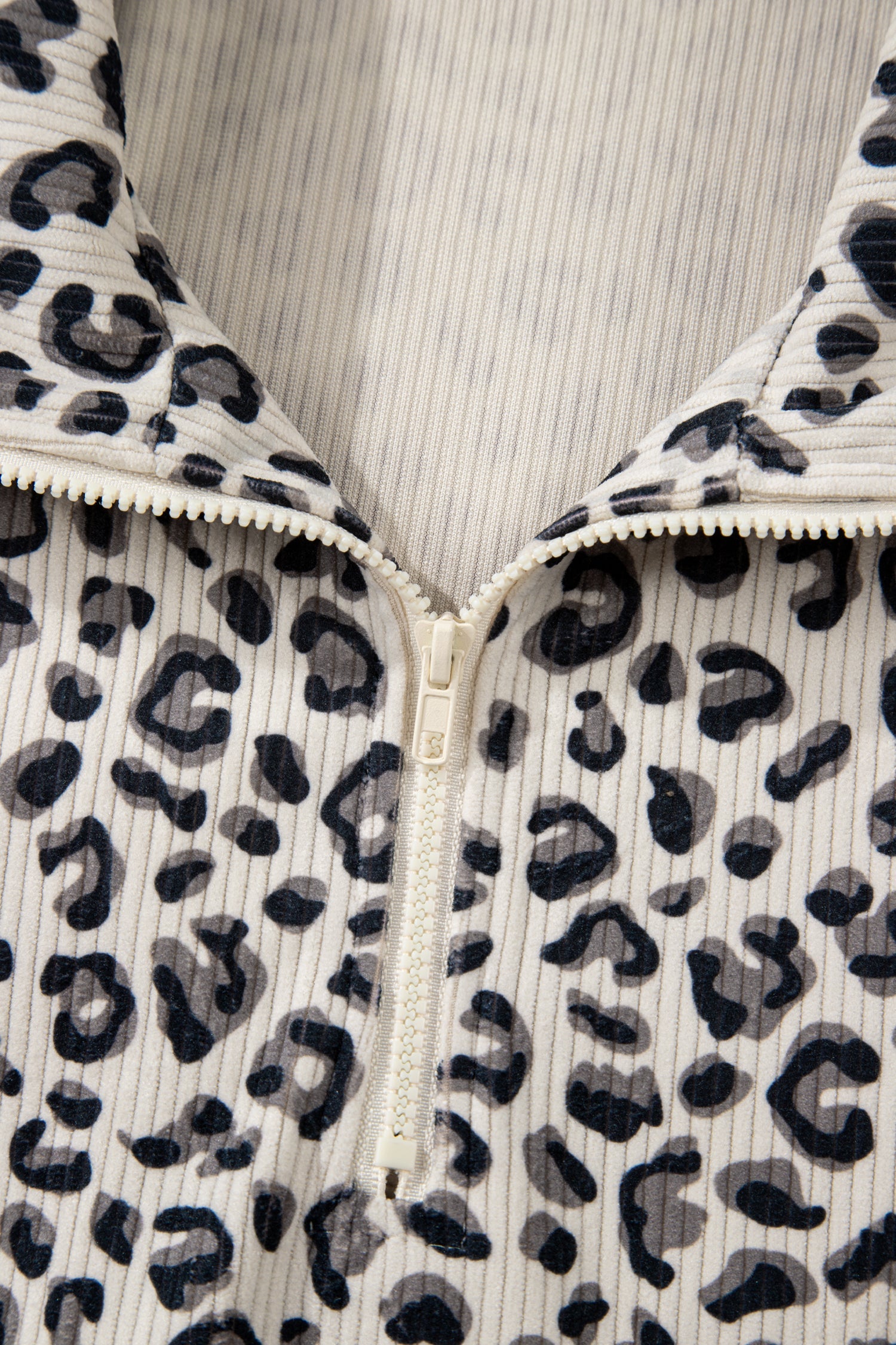 Brown Leopard Print Quarter Zip Corduroy Sweatshirt